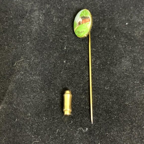 Vintage Gold Tone Hand Painted Covered Bridge Stick Pin Signed Mae (2156) - Picture 7 of 7